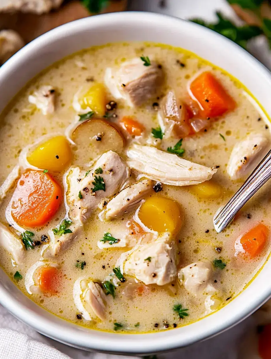 A close-up of a bowl of creamy chicken soup with chunks of chicken, carrots, and yellow vegetables, garnished with parsley.