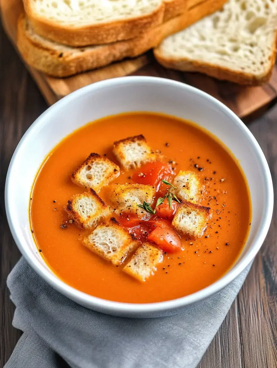 A bowl of tomato soup topped with croutons and diced tomatoes, accompanied by slices of bread on a wooden board.