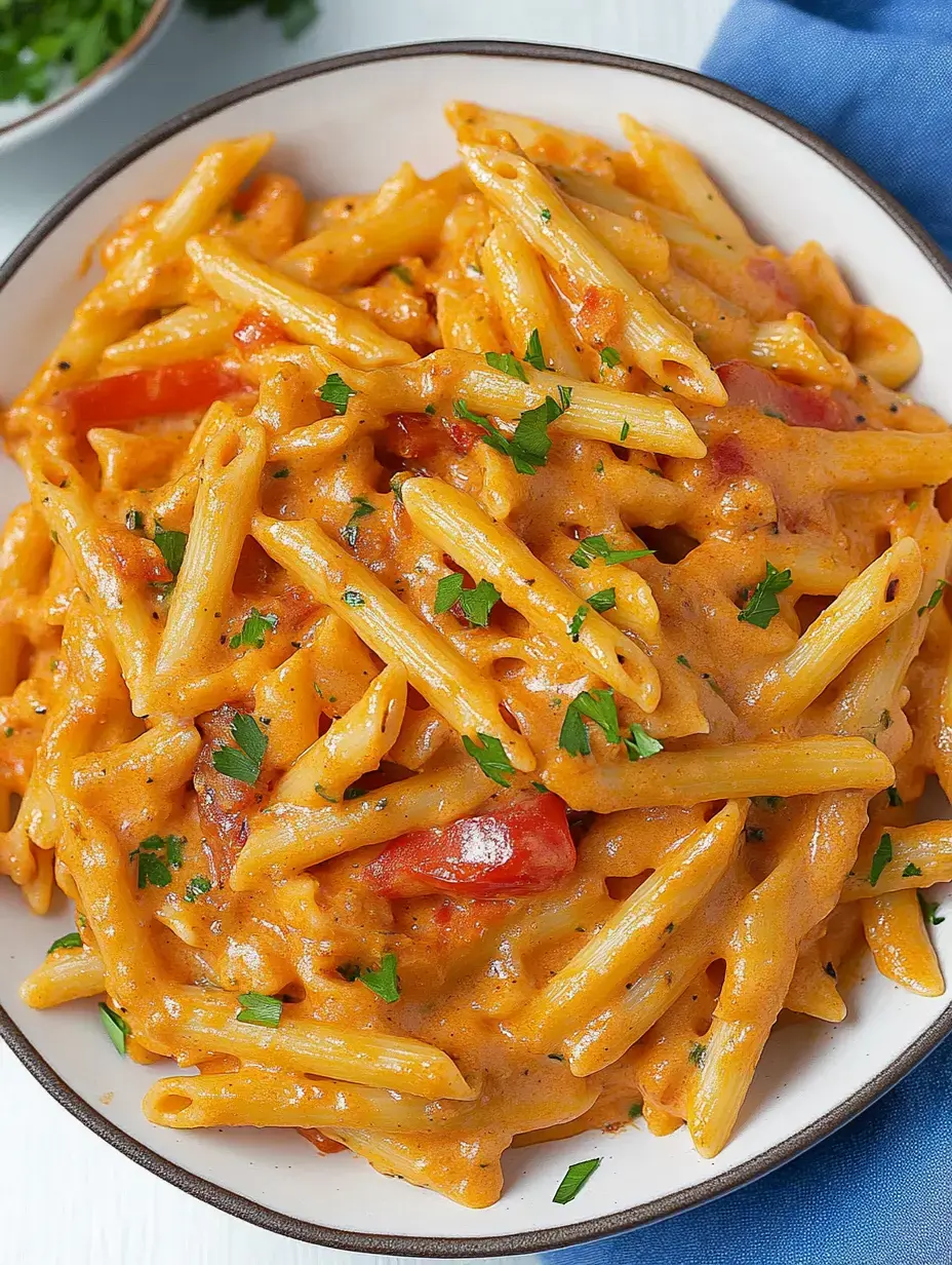 A creamy penne pasta dish tossed with tomatoes and garnished with chopped parsley, served in a white bowl.