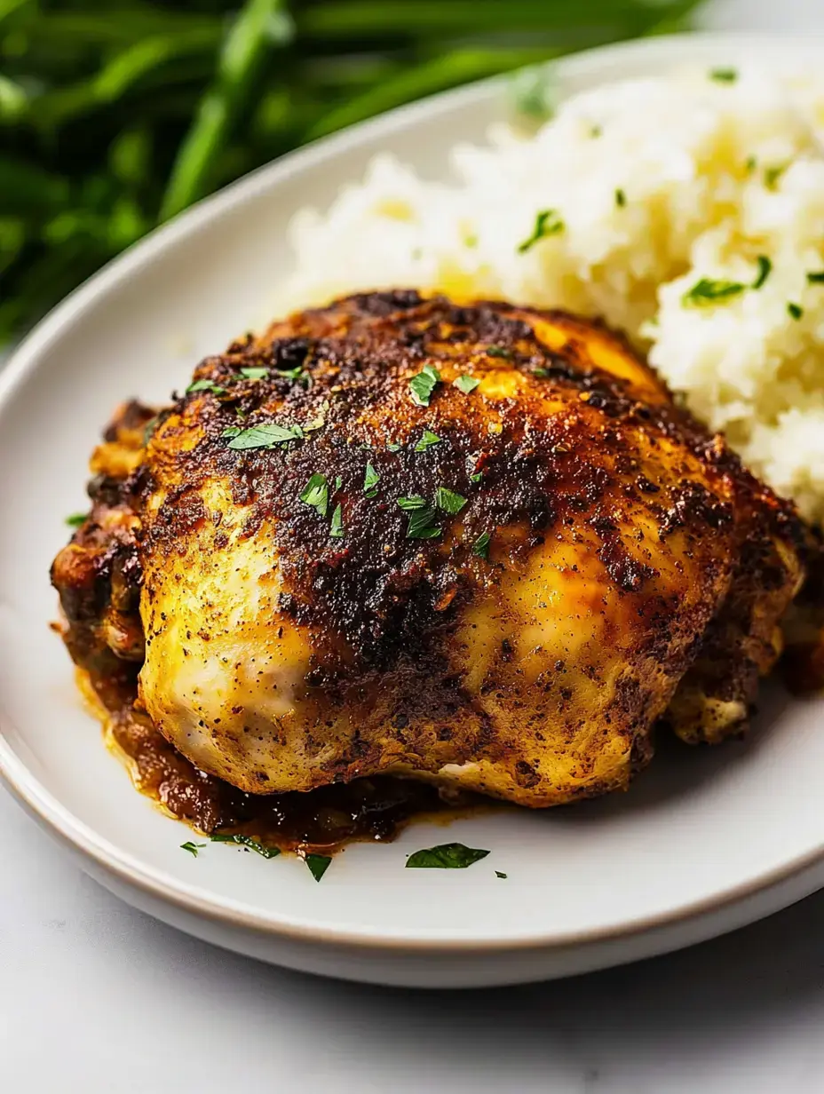 A close-up of a seasoned, baked chicken thigh garnished with parsley, served alongside fluffy white rice on a plate.