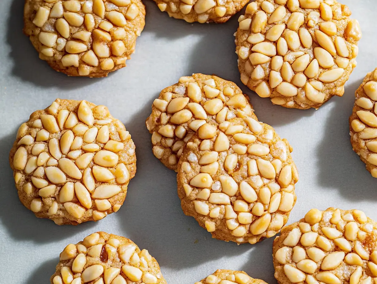 A close-up view of round cookies topped with pine nuts arranged on a light surface.