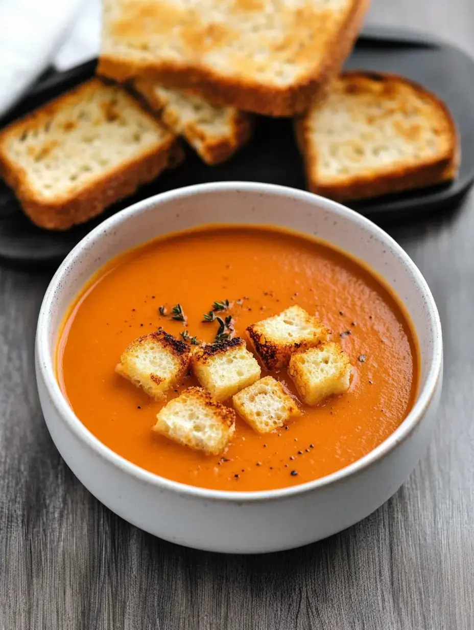 A bowl of orange soup topped with croutons and thyme, accompanied by slices of toasted bread.