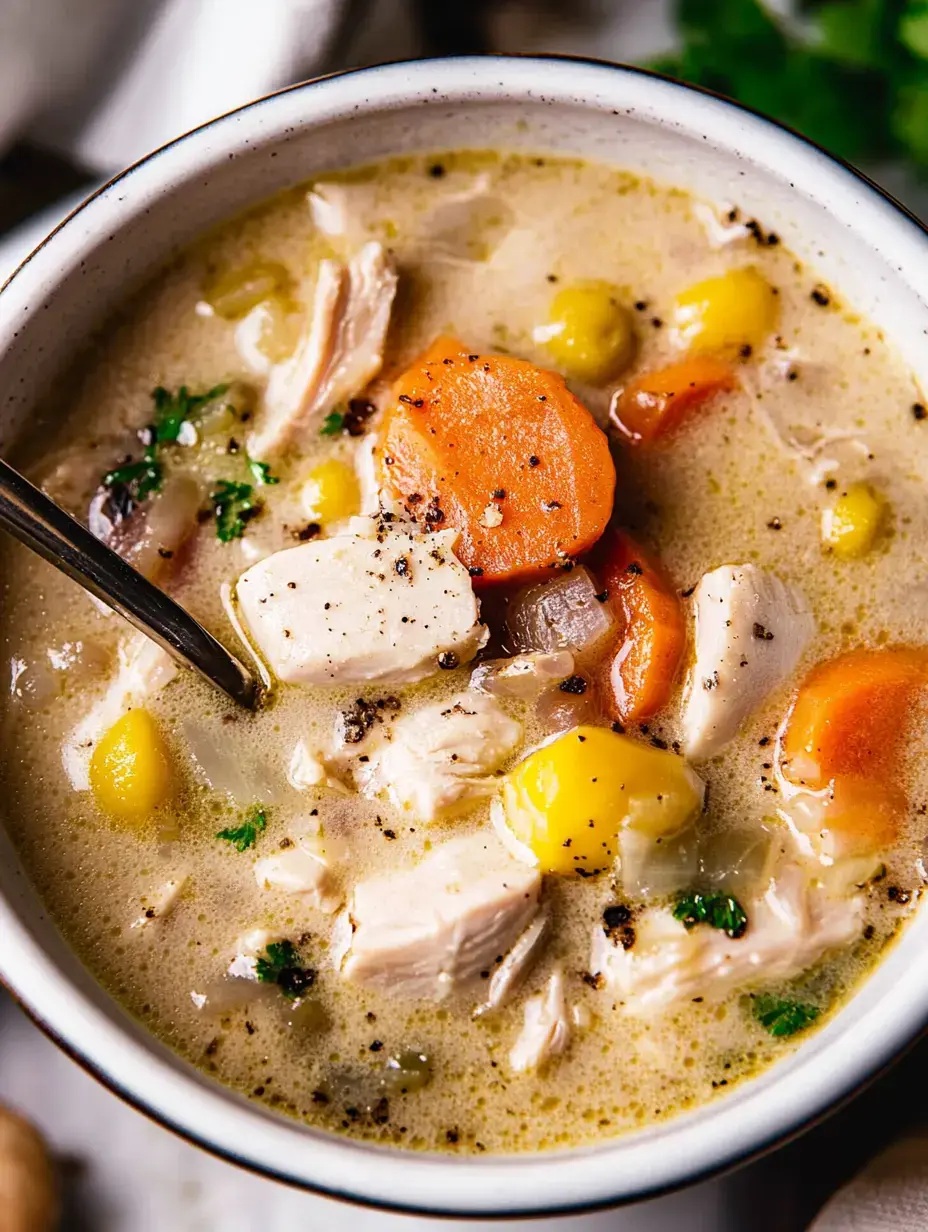 A bowl of creamy chicken soup filled with pieces of chicken, carrots, and herbs.