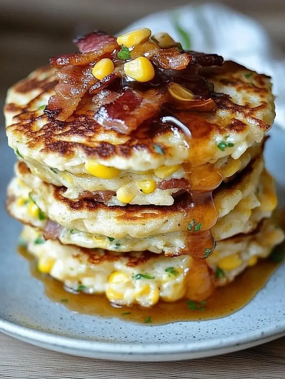 A stack of corn pancakes topped with crispy bacon, corn kernels, and a drizzle of syrup on a plate.