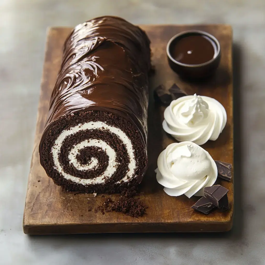 A chocolate Swiss roll cake with a creamy filling, accompanied by whipped cream and chocolate sauce on a wooden platter.