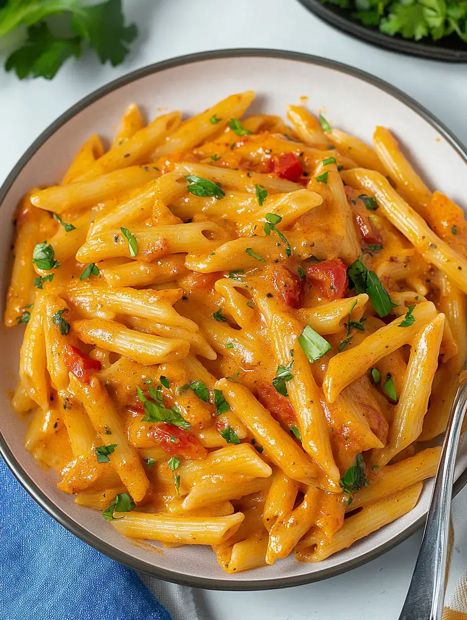 A plate of creamy penne pasta with tomatoes and fresh parsley.