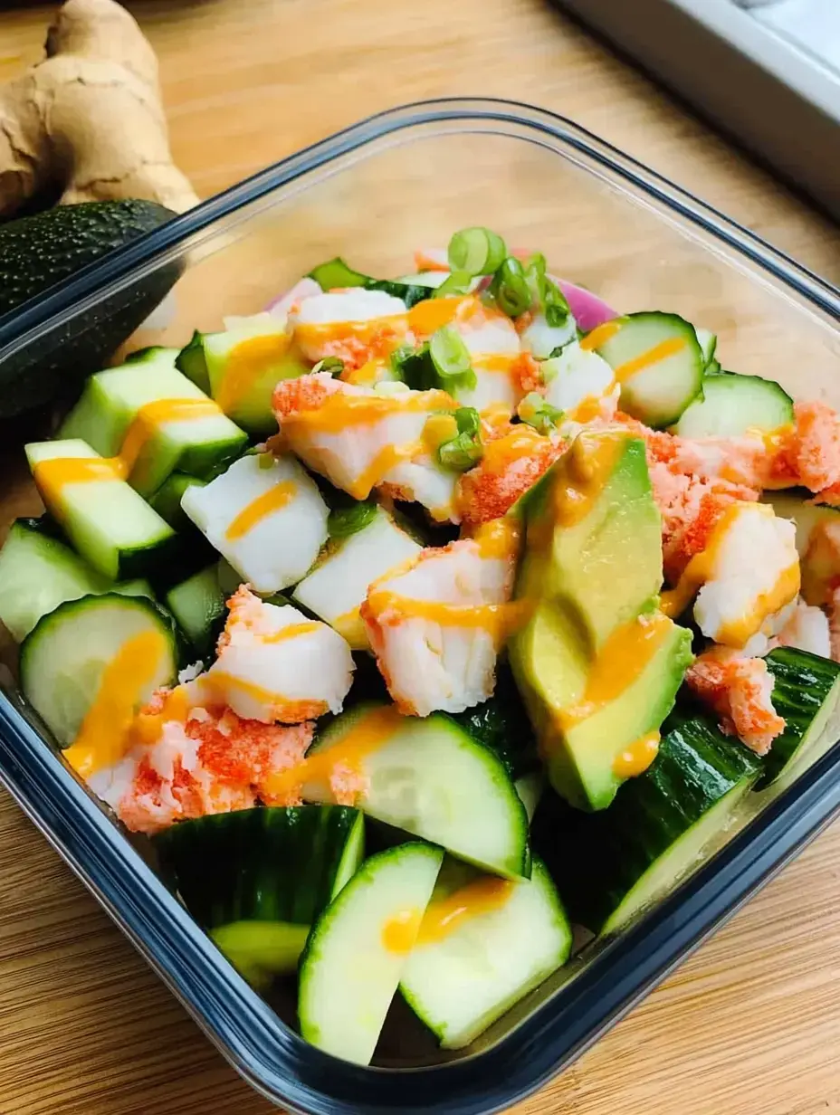 A glass container filled with diced cucumber, avocado, and crab meat, drizzled with a yellow sauce, next to ginger and a whole avocado on a wooden surface.