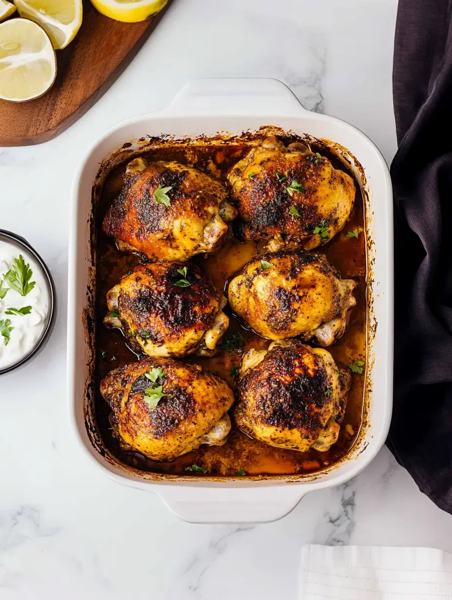 A white baking dish holds six roasted chicken thighs garnished with parsley, accompanied by a bowl of yogurt and lemon wedges on a wooden board.