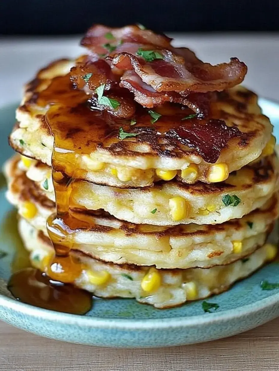 A stack of corn pancakes topped with crispy bacon and drizzled with syrup on a blue plate.