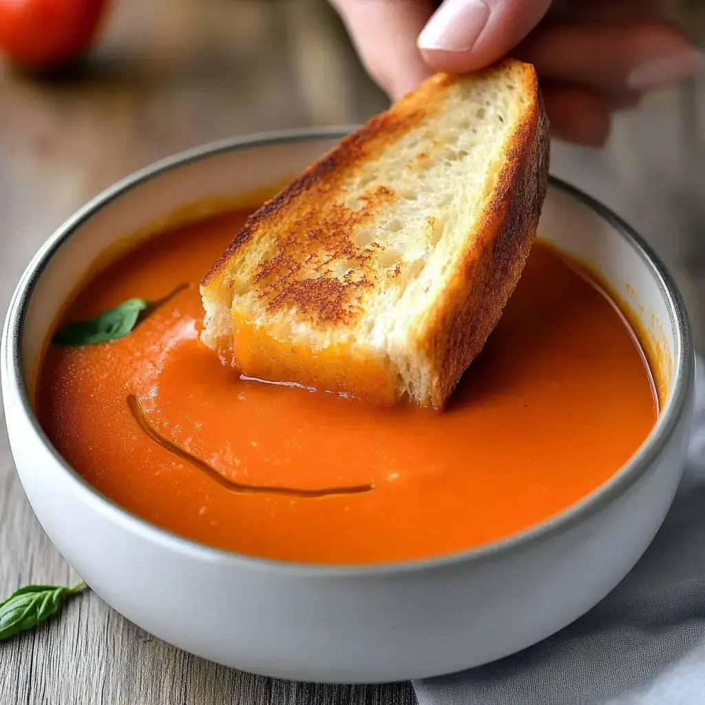 A piece of toasted bread is being dipped into a bowl of vibrant orange soup, garnished with a basil leaf.