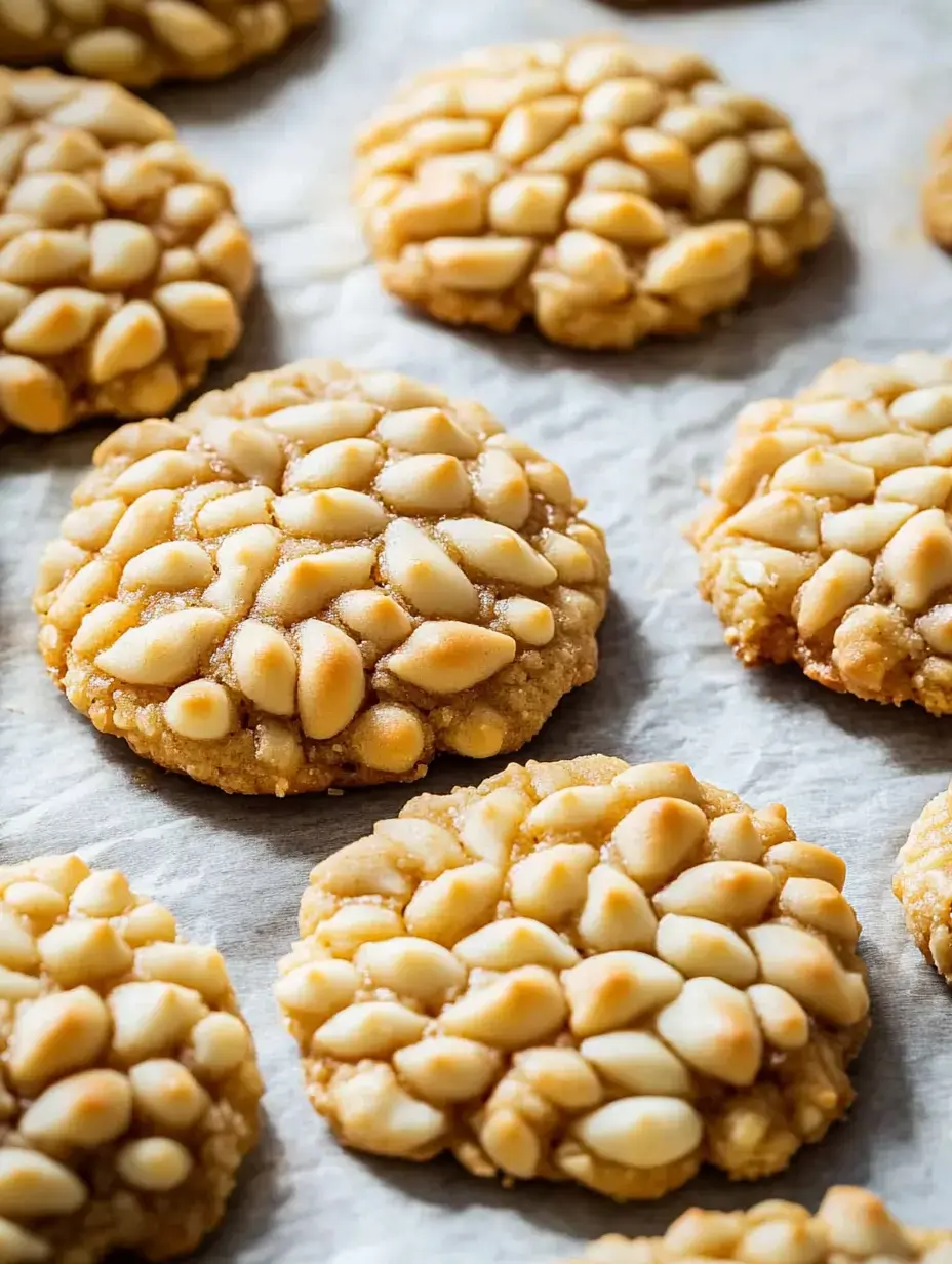 A close-up image of golden cookies topped with pine nuts arranged on parchment paper.