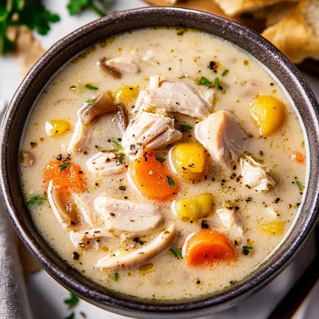 A close-up view of a bowl of creamy chicken soup containing shredded chicken, carrots, and colorful vegetables, topped with black pepper and fresh herbs.