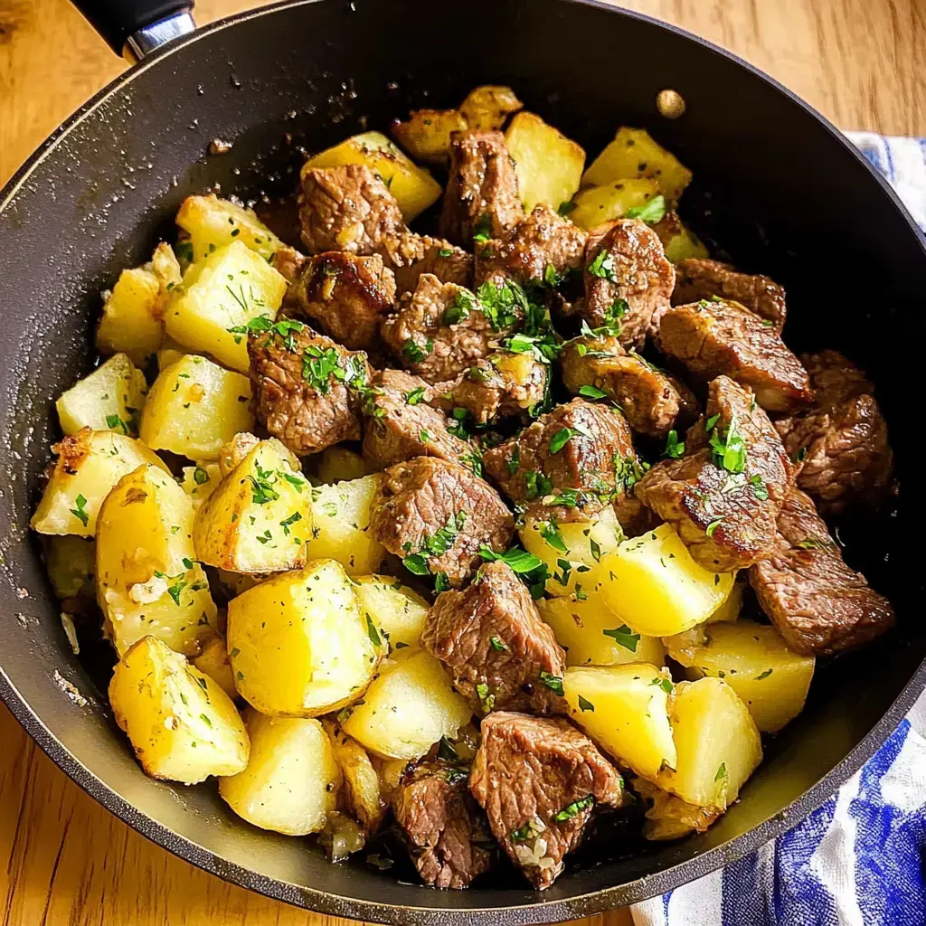 A skillet filled with diced potatoes and chunks of cooked beef, garnished with fresh parsley.