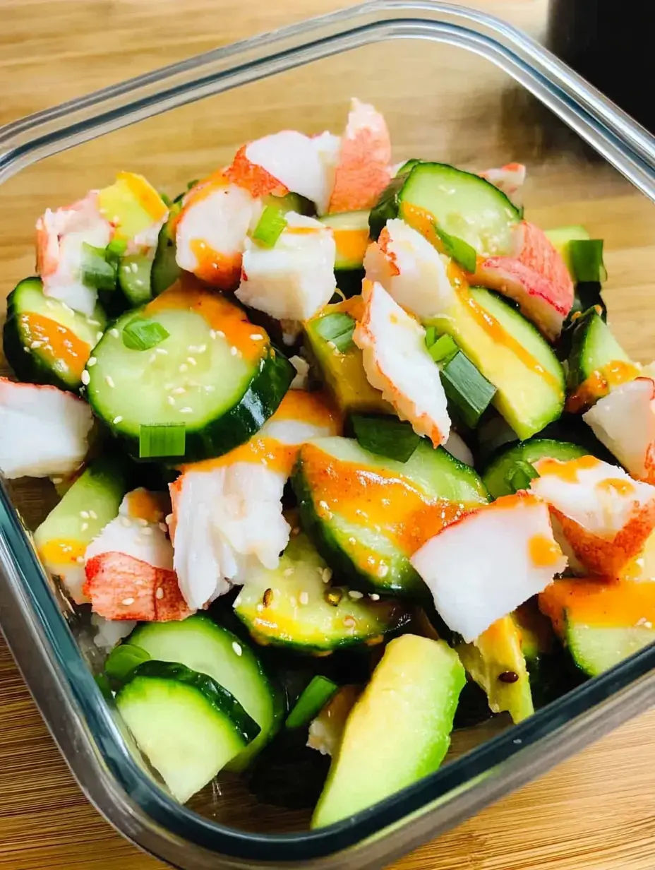 A glass container filled with a colorful salad made of sliced cucumbers, imitation crab meat, and drizzled with a spicy sauce.