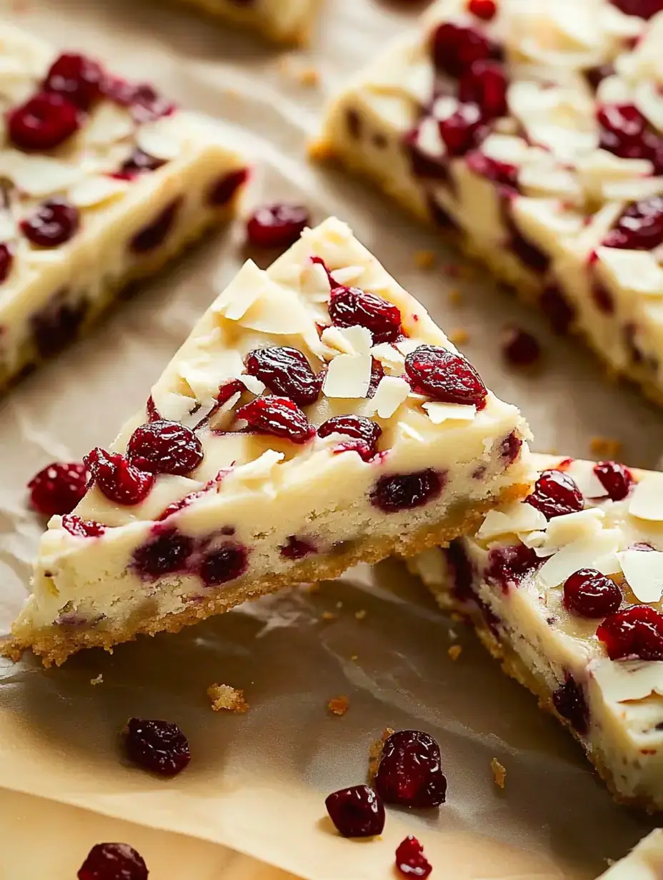 A slice of creamy cheesecake topped with cranberries and almond slivers rests on parchment paper, surrounded by additional pieces.