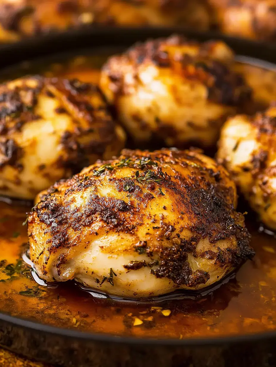 Cooked chicken pieces with a crispy, seasoned exterior sit in a flavorful sauce.