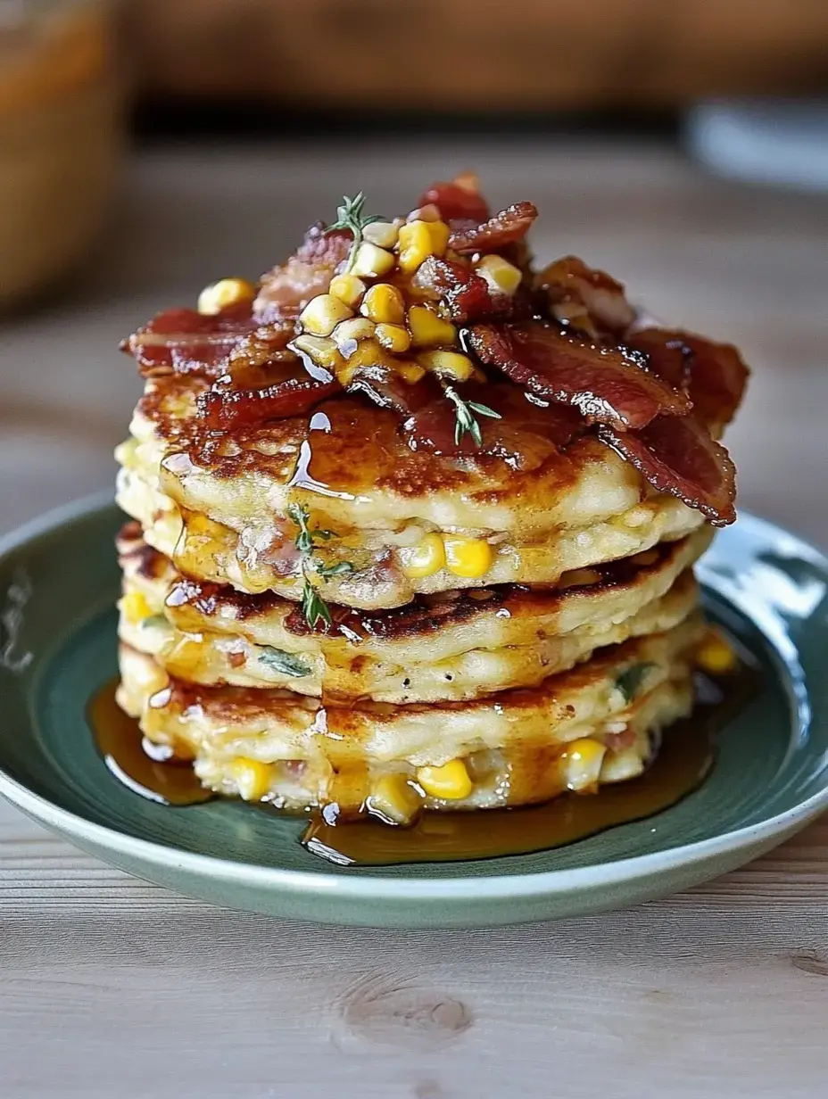 A stack of golden pancakes topped with crispy bacon, sweet corn, and drizzled with syrup, served on a green plate.