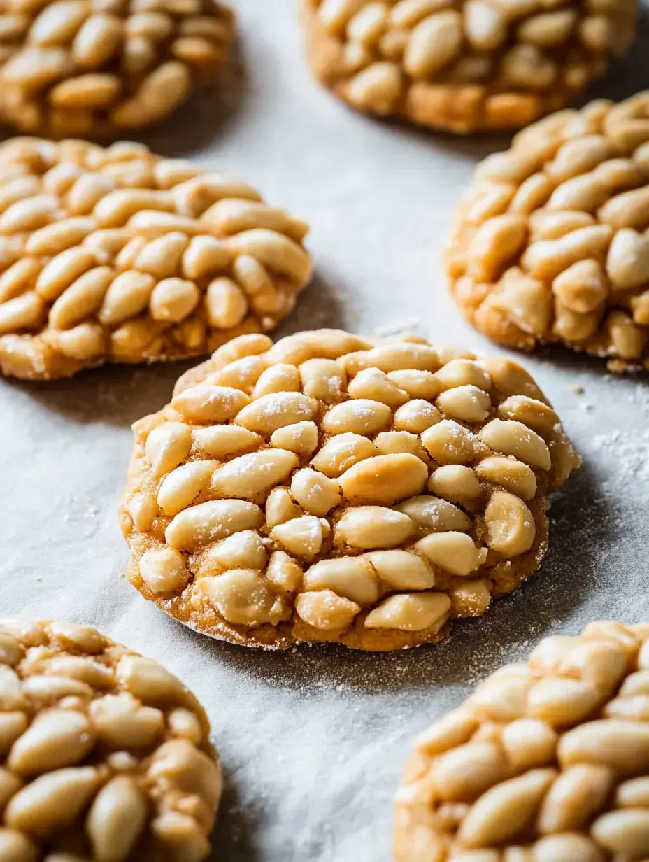 A close-up image of several round cookies topped with pine nuts arranged on parchment paper.