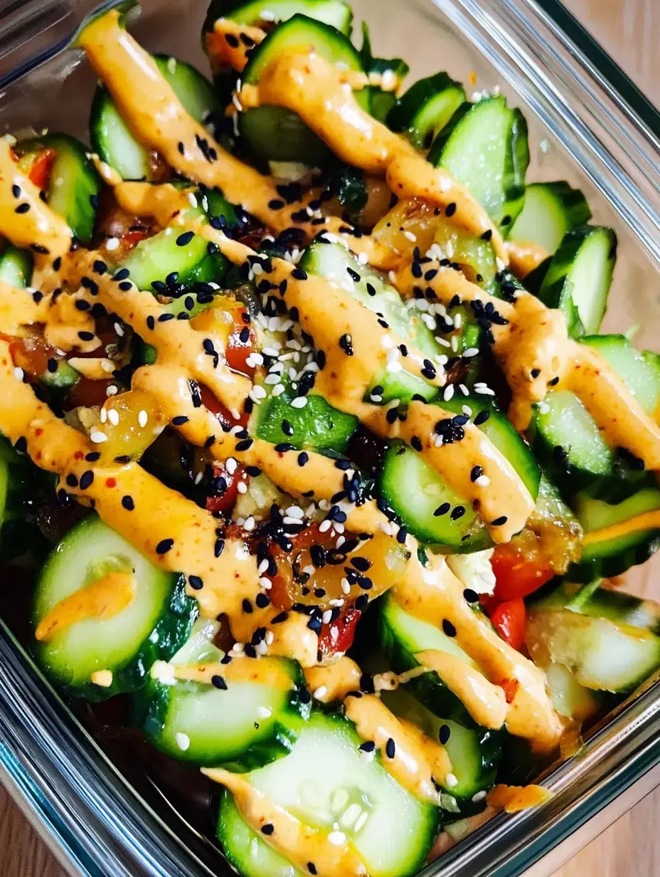 A glass container filled with sliced cucumbers, mixed vegetables, and a drizzle of spicy sauce topped with sesame seeds.