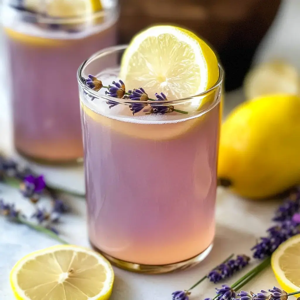 A refreshing lavender lemonade drink garnished with a lemon slice and lavender sprigs, accompanied by additional lemon halves and lavender flowers.