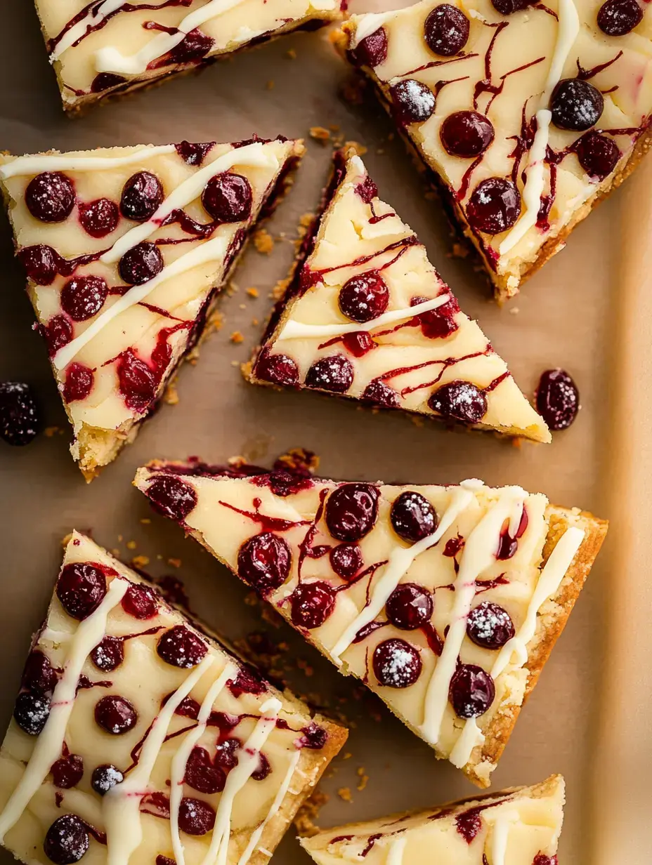 A close-up view of several triangular slices of a creamy dessert topped with red berries and drizzled with white icing.