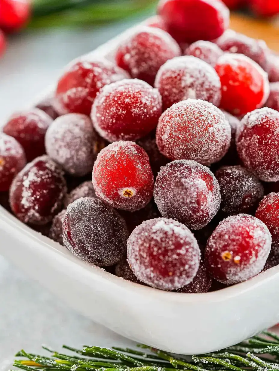 A close-up image of a bowl filled with sugared cranberries, with some greenery visible in the background.