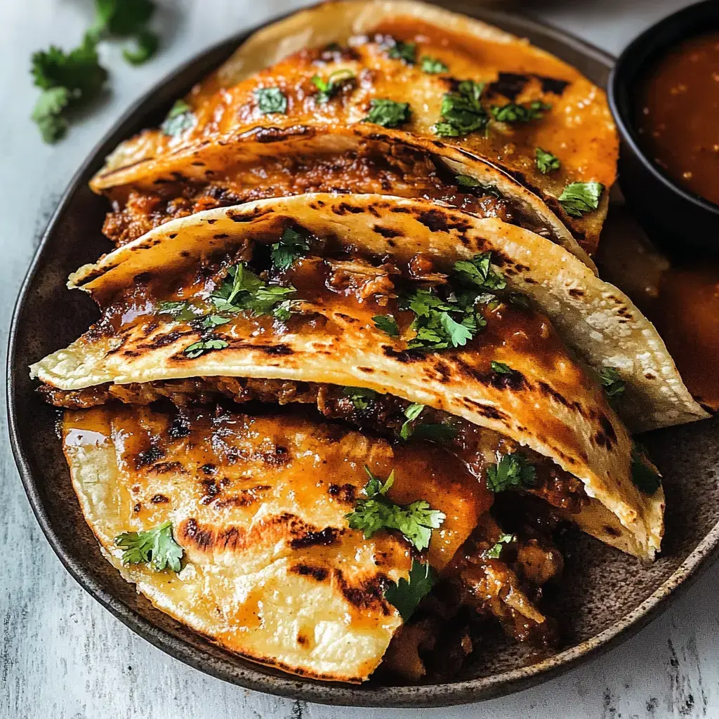 A close-up of three grilled tacos topped with cilantro and sauce, served on a dark plate with a small bowl of salsa on the side.