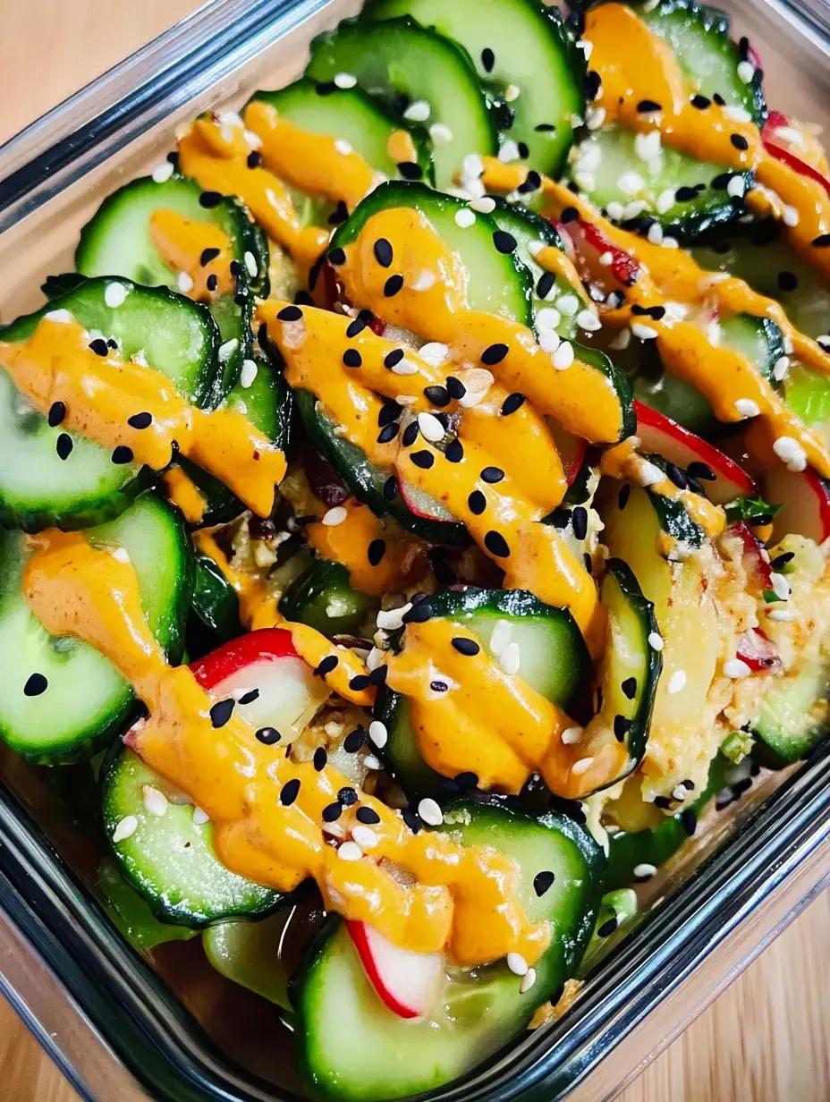 A glass container filled with sliced cucumbers, radishes, and a drizzle of orange sauce, topped with black and white sesame seeds.