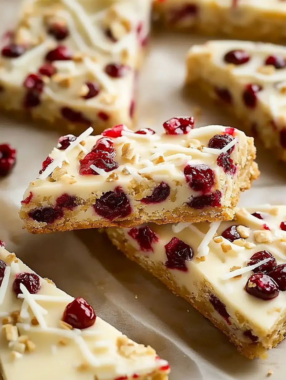 A close-up of cranberry bars topped with white chocolate, chopped nuts, and drizzled chocolate, arranged on parchment paper.