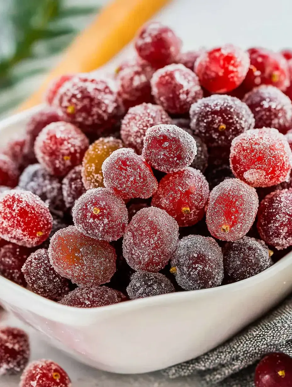 A close-up of a bowl filled with frozen, sugared grapes featuring a mix of red and dark purple varieties.