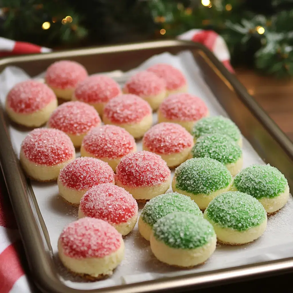 A tray of sugar-coated cookies, featuring red and green domes, sits on a festive background.