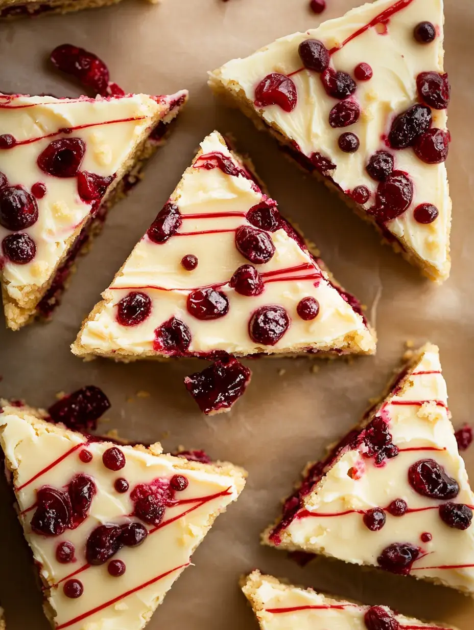 A collection of triangular slices of dessert topped with white frosting and red fruit, arranged on a brown paper background.