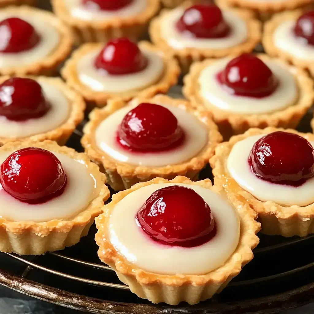 A close-up of a tray filled with small tartlets topped with glossy cherry and creamy filling.