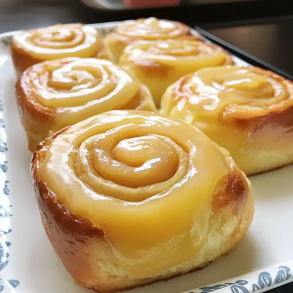 A close-up of freshly baked cinnamon rolls topped with a glossy icing, arranged neatly on a decorative plate.