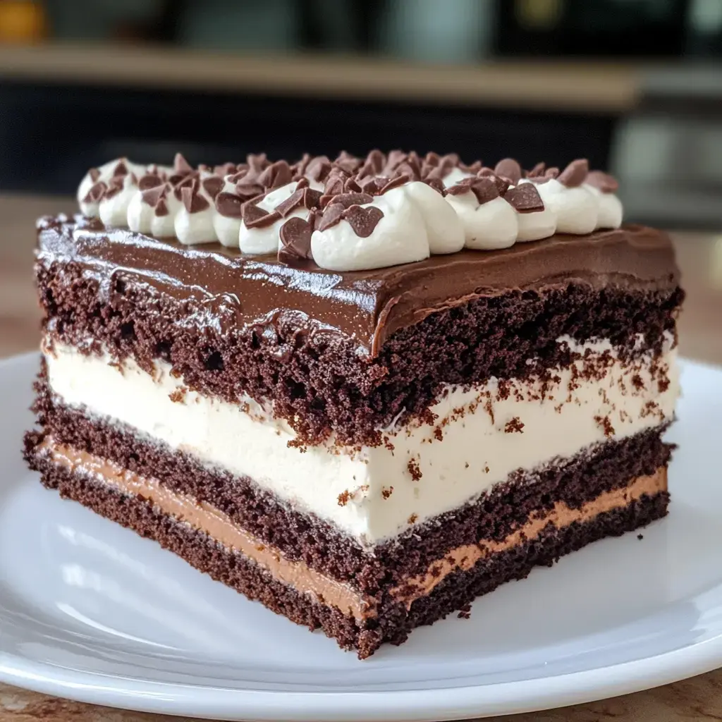 A decadent chocolate cake with multiple layers, including chocolate frosting, cream layers, and topped with chocolate shavings.