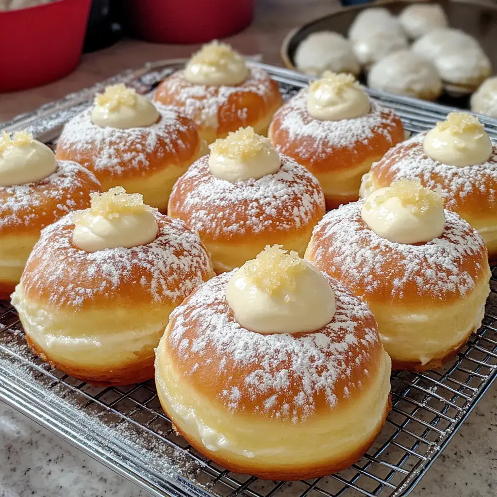 A close-up of freshly baked, powdered sugar-topped cream-filled donuts arranged on a cooling rack.