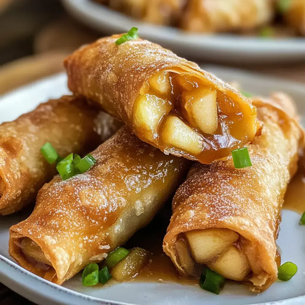 Close-up of crispy fried rolls filled with apple and caramel sauce, garnished with chopped green onions.