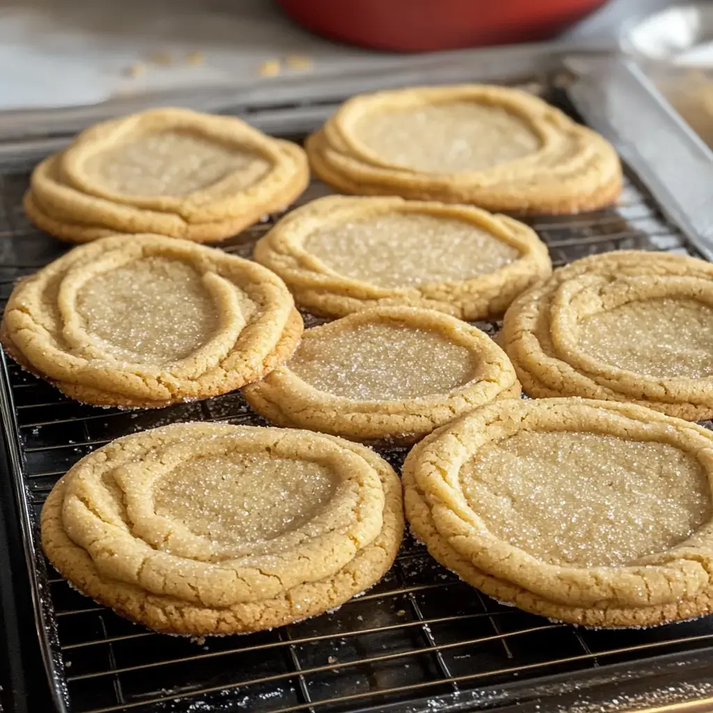 A cooling rack holds several large, round, unevenly shaped cookies sprinkled with sugar.