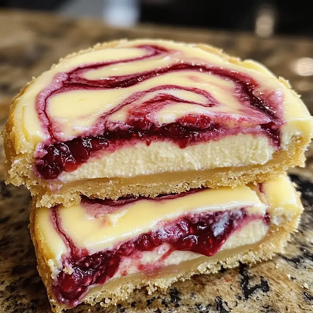 A close-up of two stacked bars featuring a creamy cheesecake layer swirled with raspberry topping atop a crumbly crust.