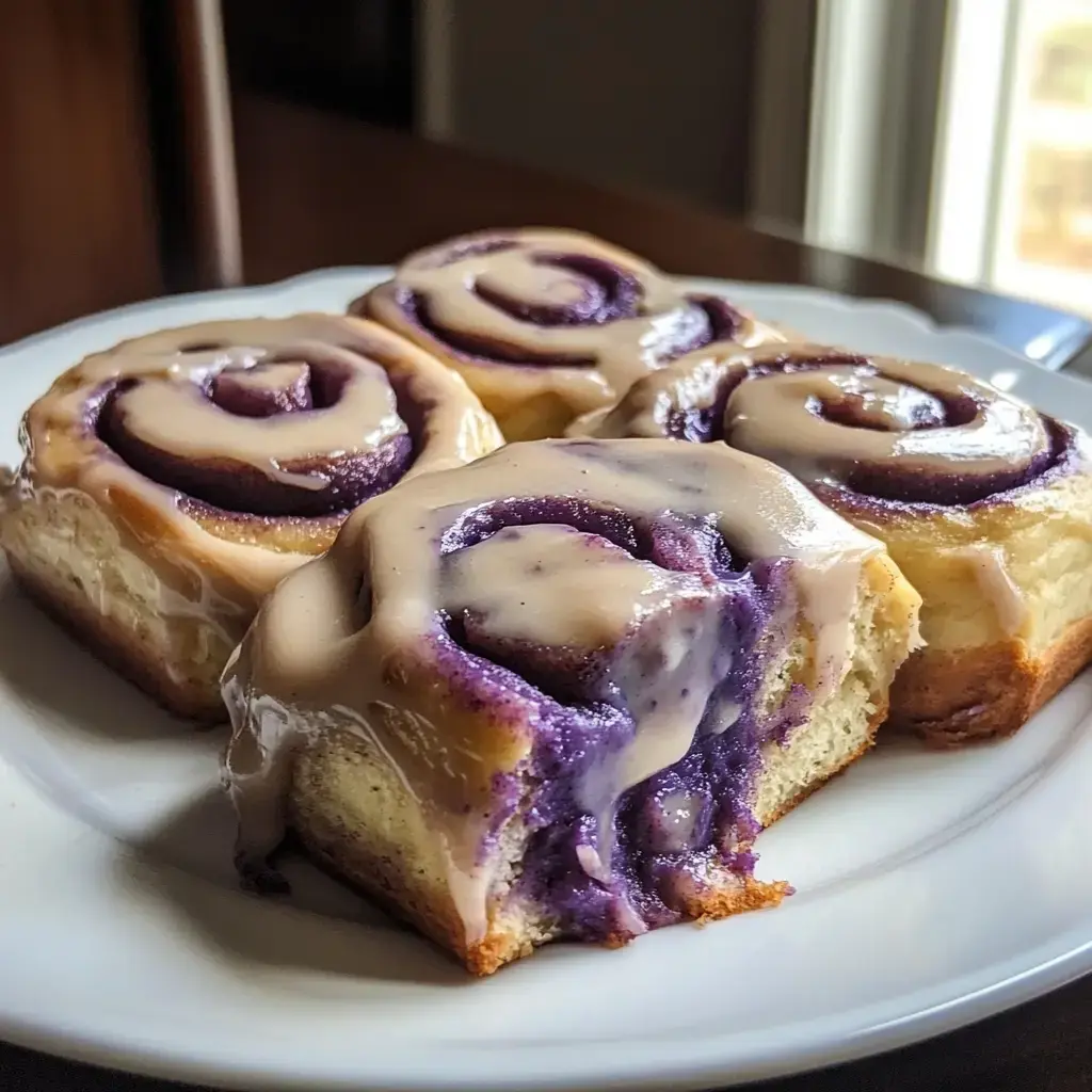 A plate of freshly baked cinnamon rolls with a purple filling and creamy icing on top.