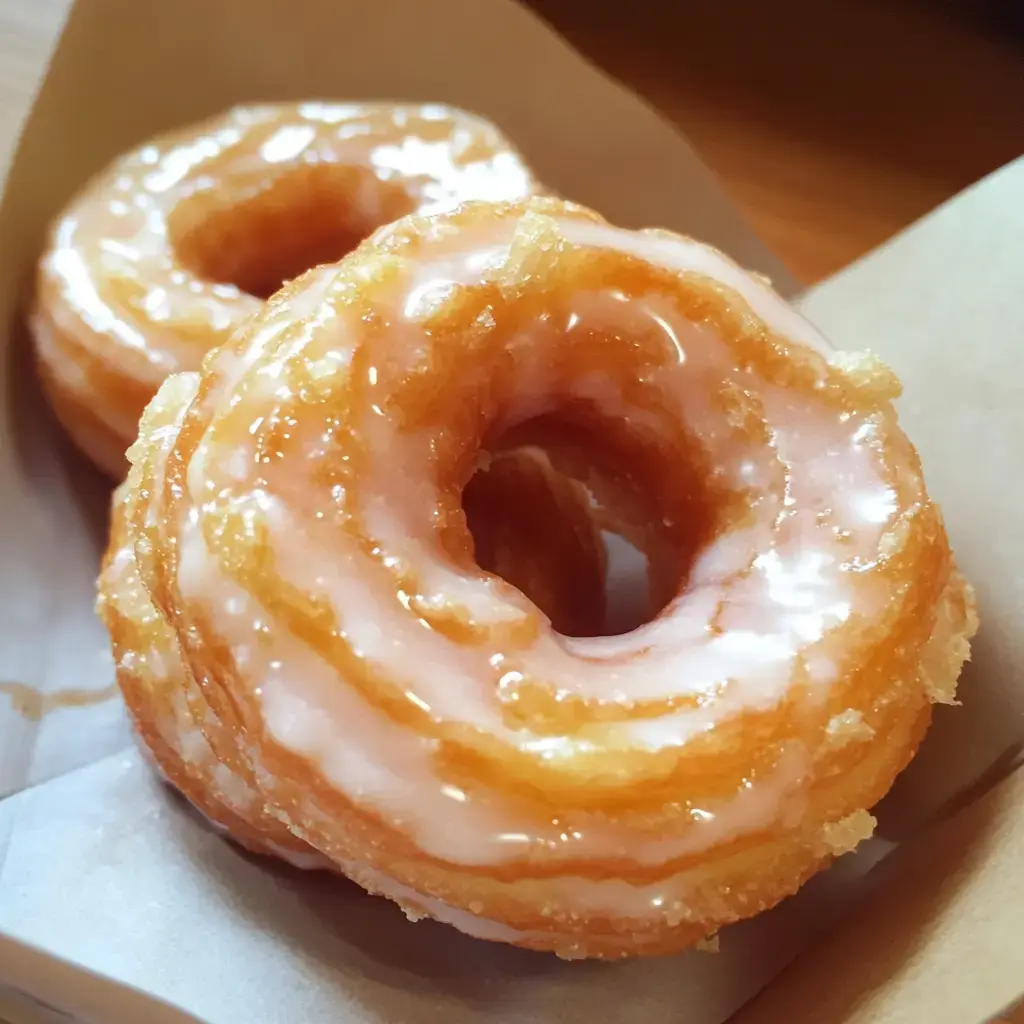 A close-up of two glazed donuts resting on a light brown paper tray.