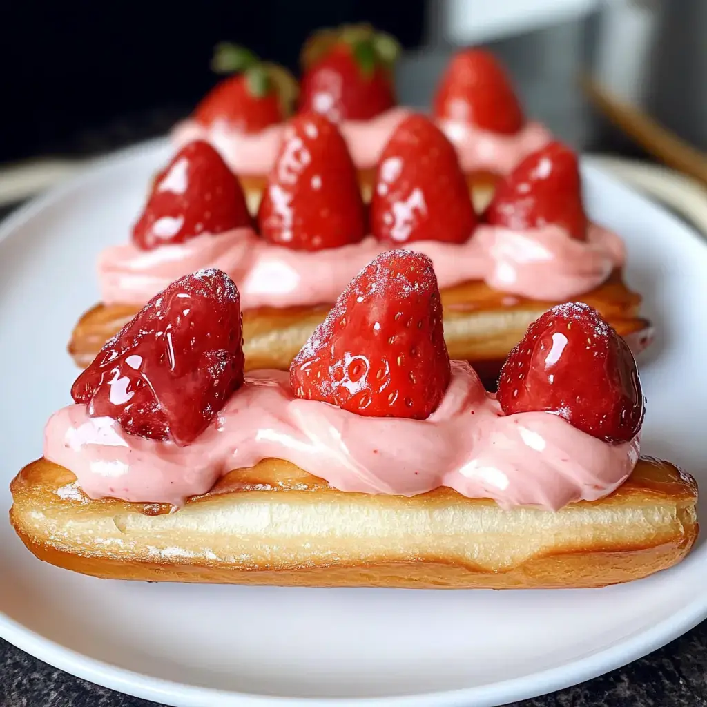 A close-up of freshly made cream puffs topped with pink cream and whole strawberries on a white plate.