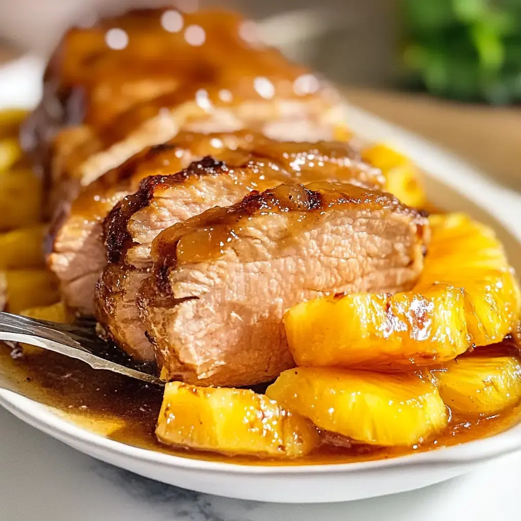 Sliced grilled pork tenderloin is served with caramelized pineapple slices and a savory glaze on a white platter.