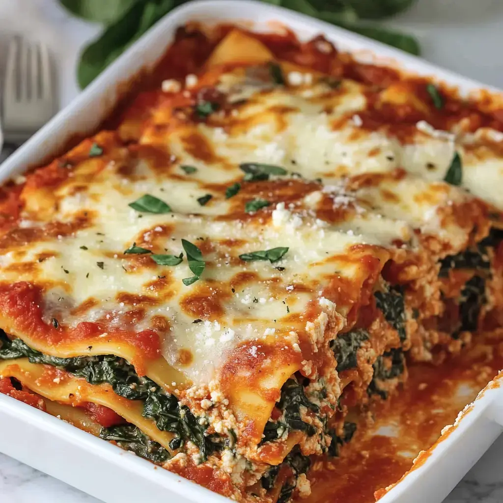 A close-up of a baked spinach lasagna in a white dish, topped with melted cheese and garnished with fresh herbs.