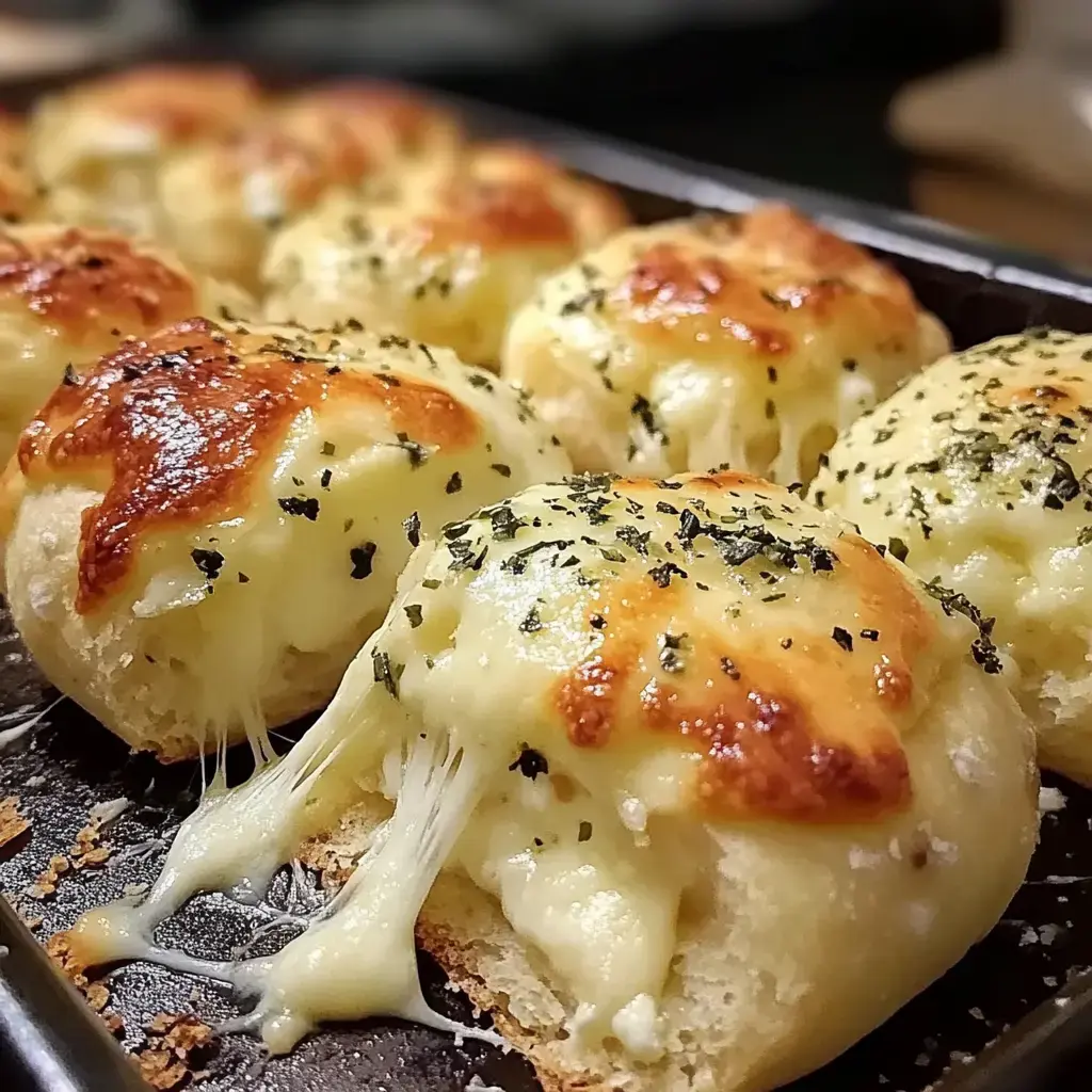 A close-up of freshly baked, cheesy bread rolls topped with herbs, with melted cheese oozing out.