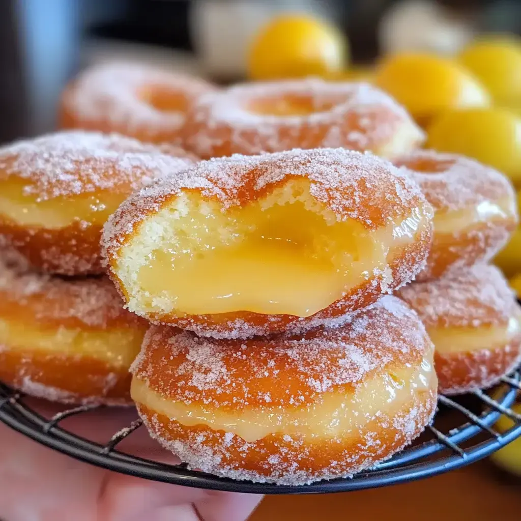 A close-up of sugar-coated doughnuts with a creamy lemon filling, one of which is partially bitten into, revealing its filling.