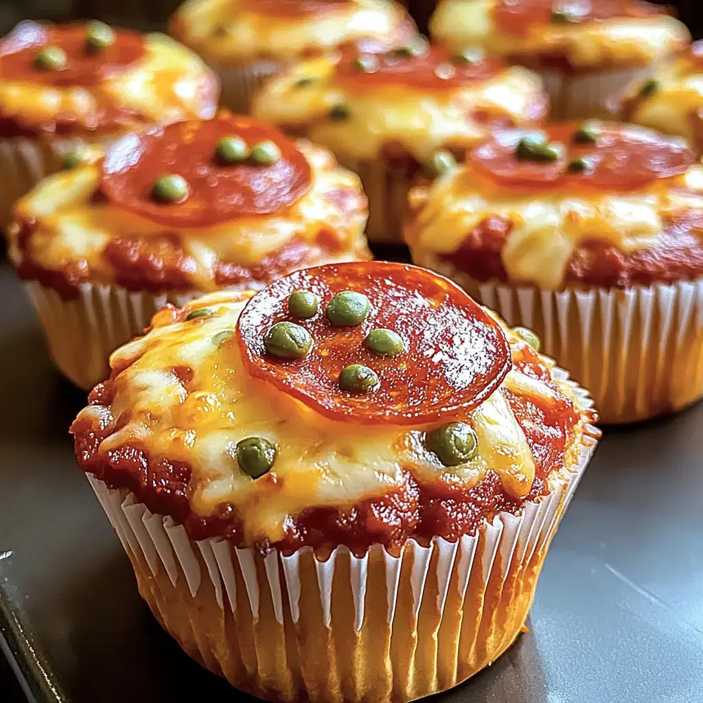 A close-up of savory cupcakes topped with melted cheese, pepperoni slices, and green peas, arranged on a dark platter.