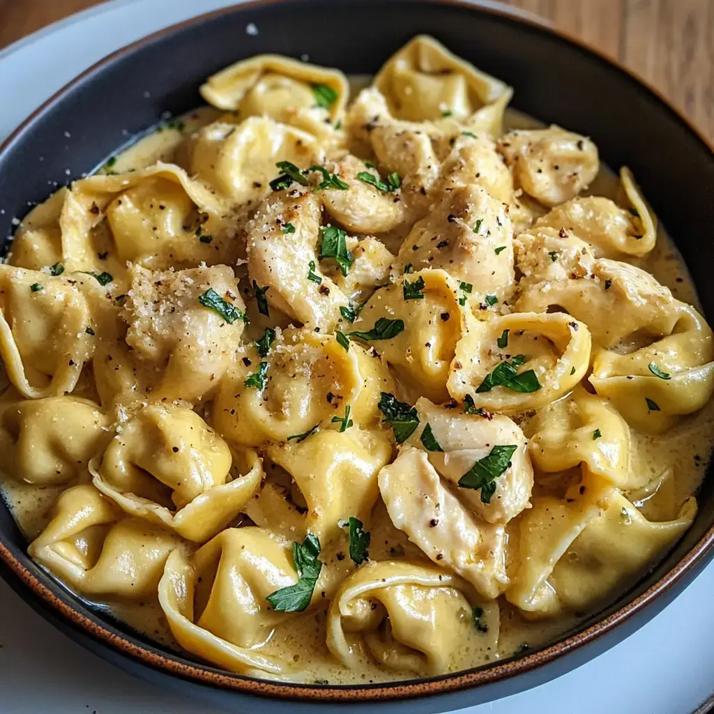 A close-up bowl of creamy tortellini pasta topped with parsley and grated cheese.