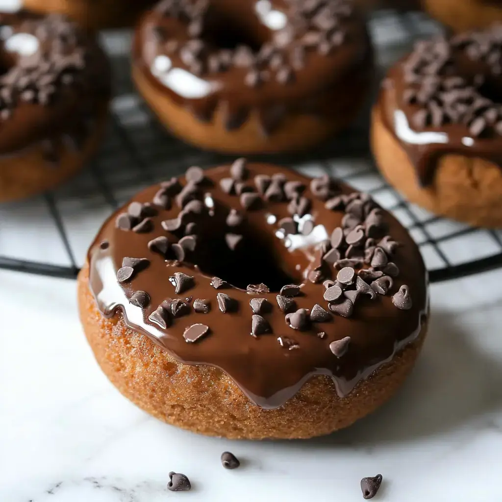 A close-up of a chocolate frosted donut topped with chocolate chips, placed on a cooling rack with more donuts in the background.