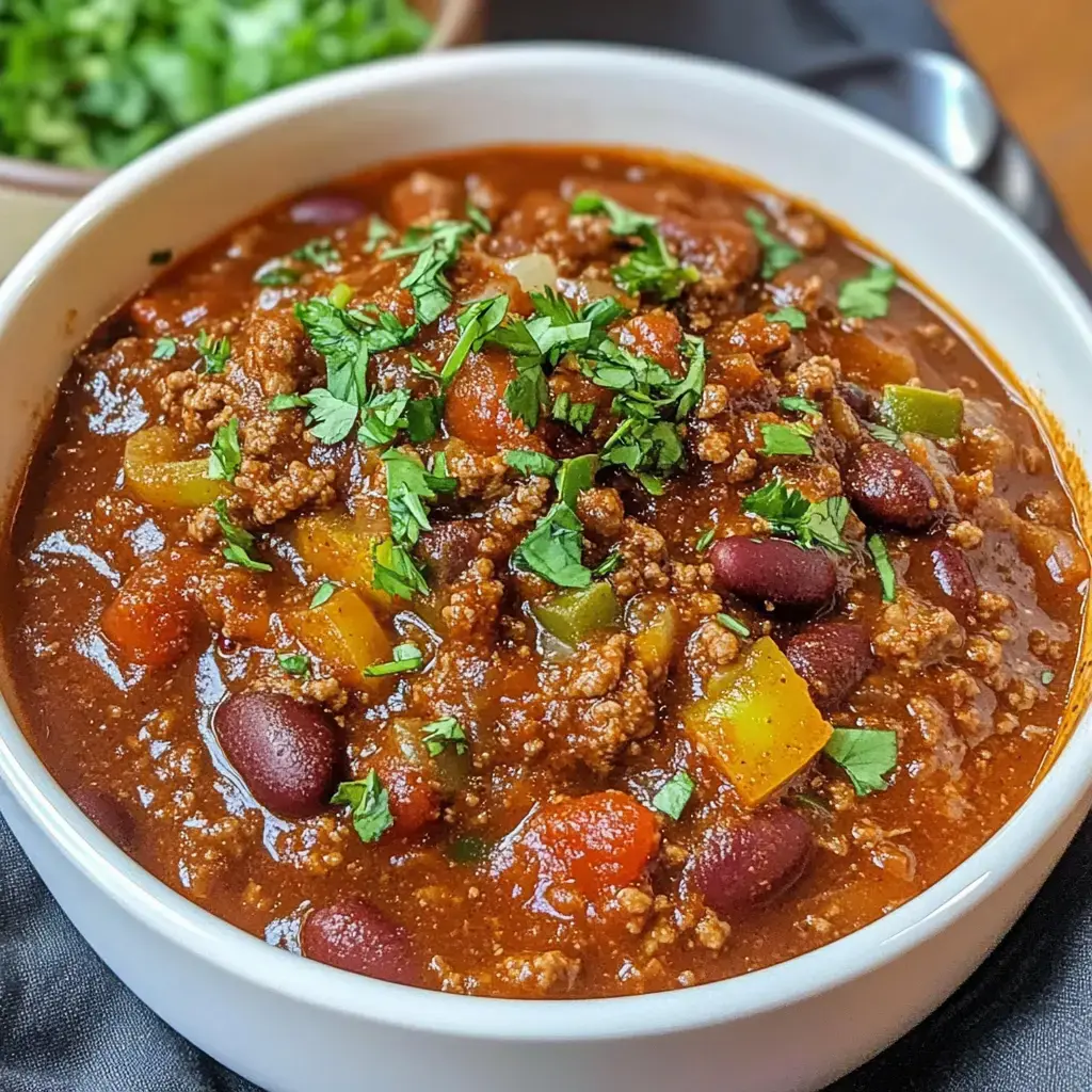 A bowl of hearty chili topped with fresh chopped cilantro, featuring ground meat, beans, and colorful diced vegetables.